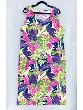 Vintage Hawaiian Dress Womens L Multicolor Cotton Maxi Kaftan Hibiscus USA